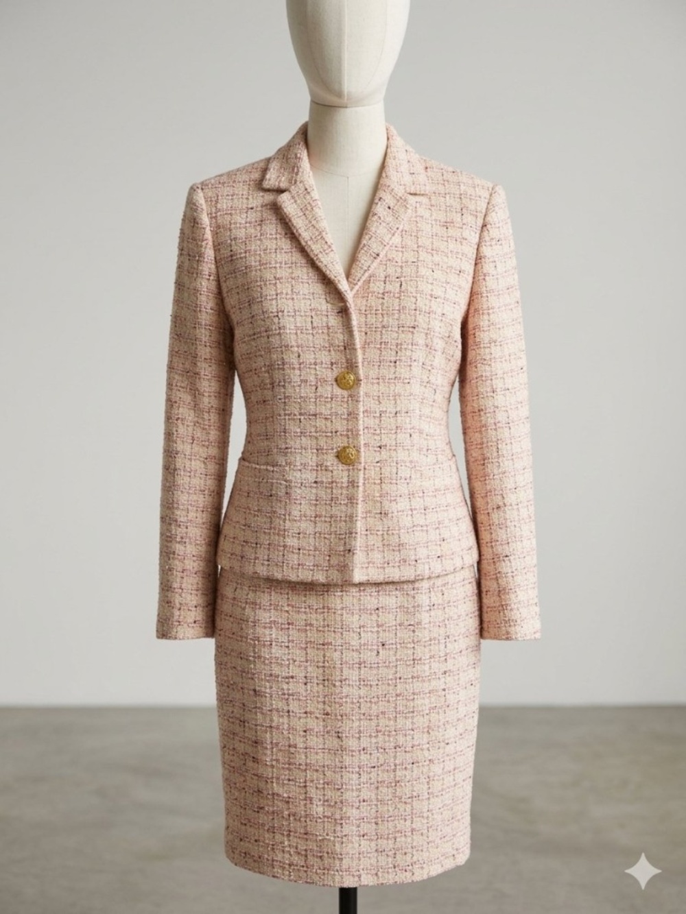 Vintage Ann Taylor Pink & Cream Tweed Skirt Suit Set - Size 8